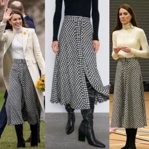 ZARA Black White Tweed Houndstooth A Line Midi Skirt